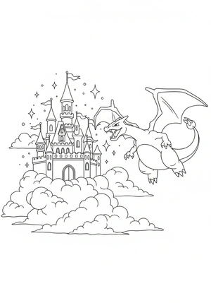 Charizard bij een kasteel in de lucht kleurplaat