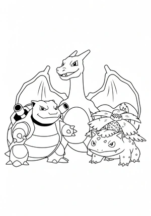 Charizard, Blastoise en Venusaur team pose kleurplaat