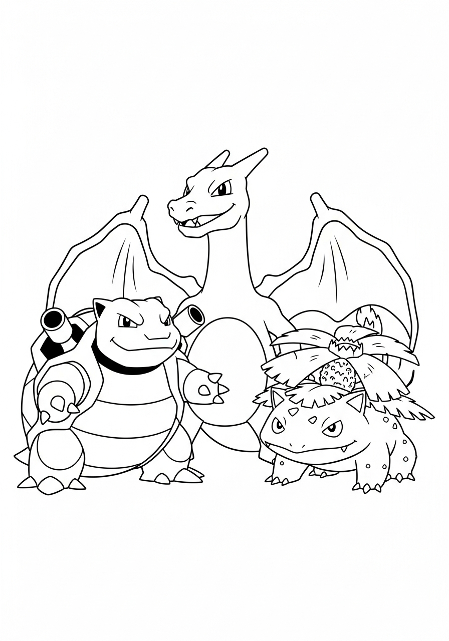 Pokemon kleurplaat van Charizard, Blastoise en Venusaur die samen poseren als team