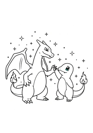 Charizard en Charmander high five kleurplaat