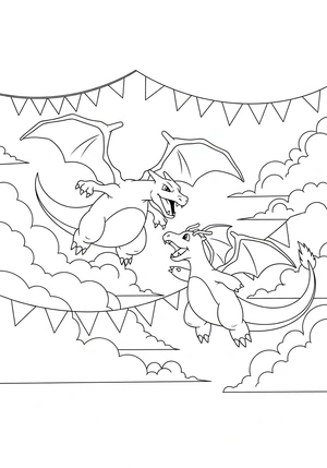 Charizard en Dragonite racen door de lucht kleurplaat