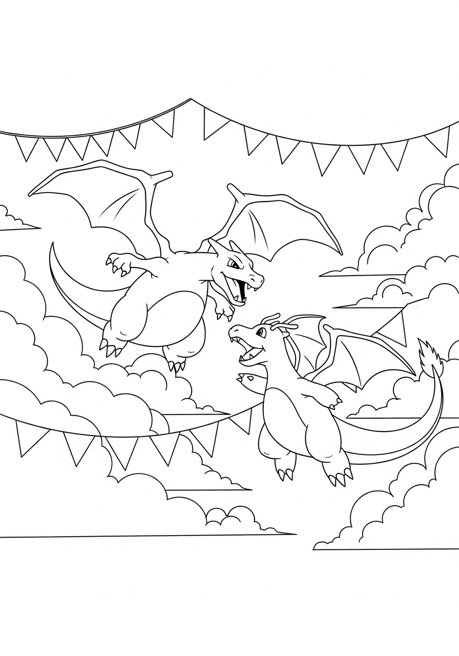 Pokemon kleurplaat van Charizard en Dragonite die door de lucht racen met wolken en vlaggetjes kleurplaat