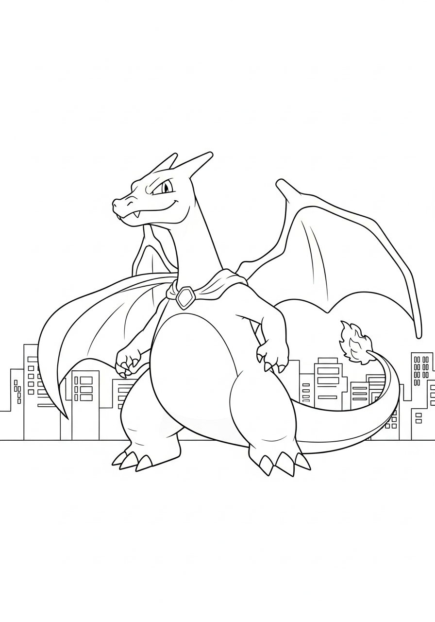 Pokemon kleurplaat van Charizard in superheldpose met cape en wolkenkrabbers op de achtergrond