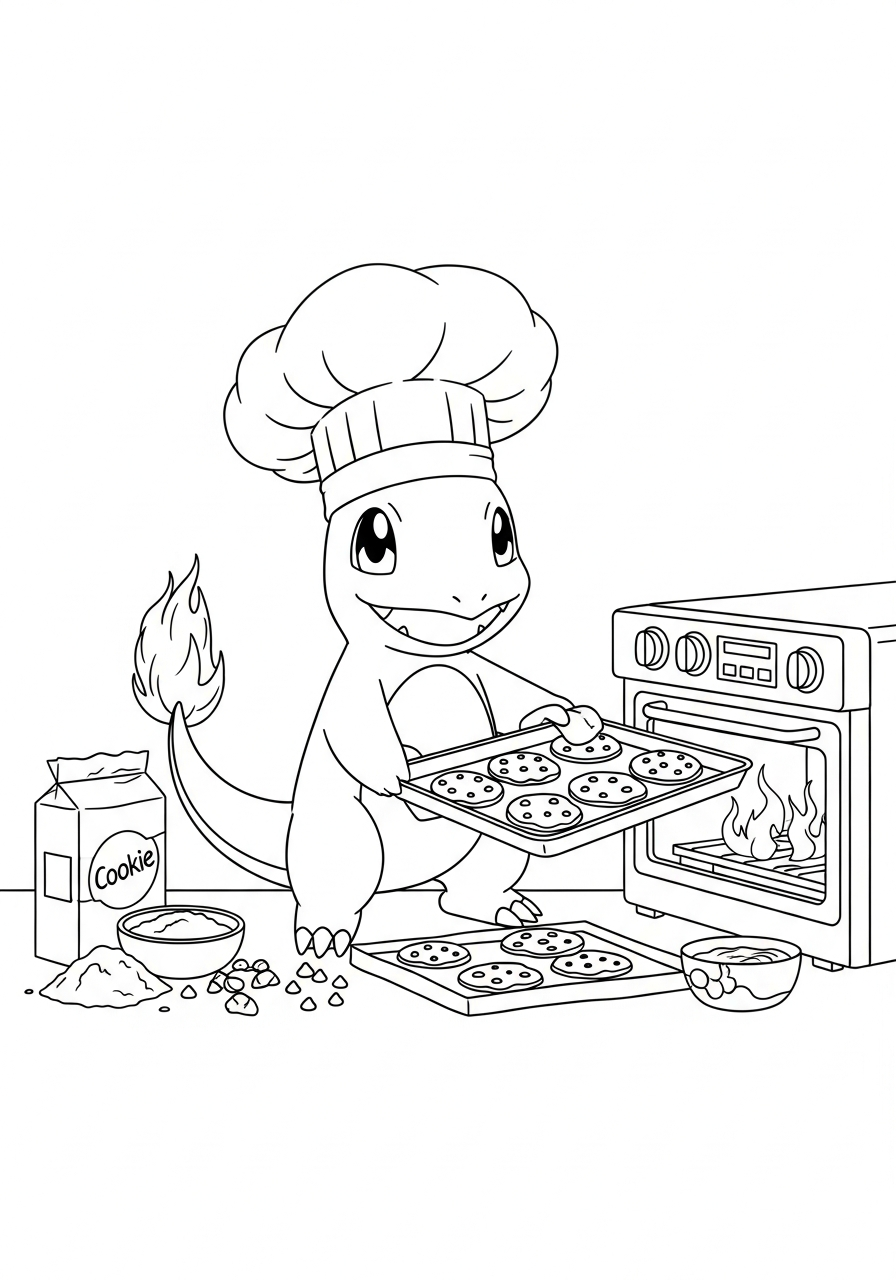 Pokemon kleurplaat van Charmander met koksmuts bij een oven en een bakplaat met koekjes