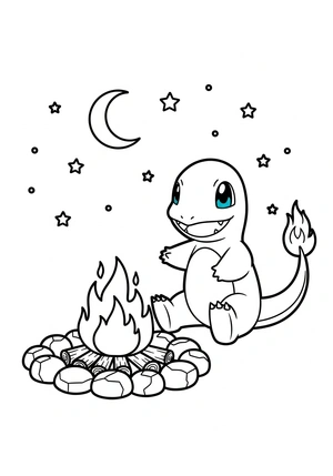 Charmander bij het kampvuur kleurplaat