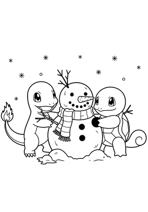 Charmander en Squirtle maken een sneeuwpop kleurplaat
