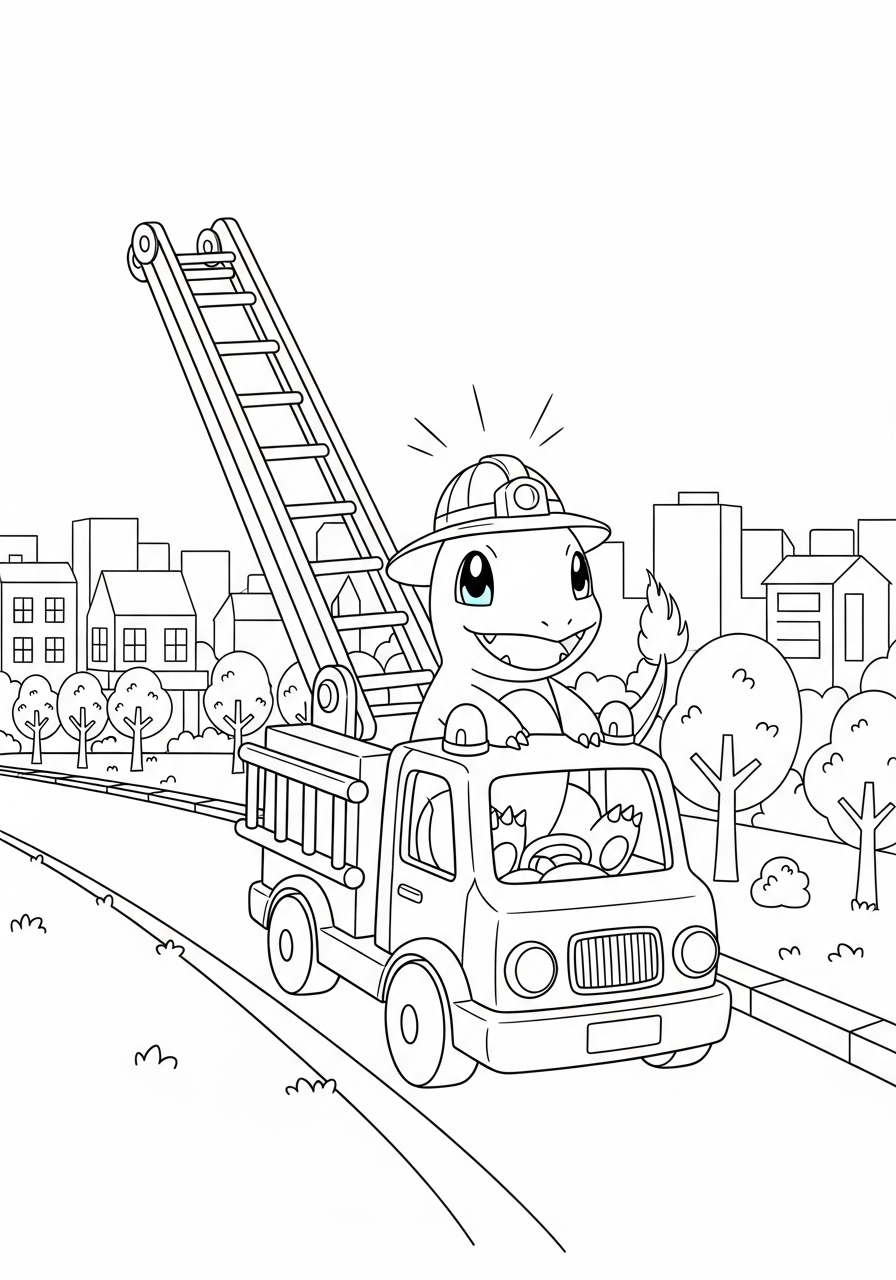 Pokemon kleurplaat van Charmander in een speelgoedbrandweerauto met sirene en ladder
