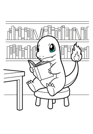 Charmander leert lezen in de bibliotheek kleurplaat