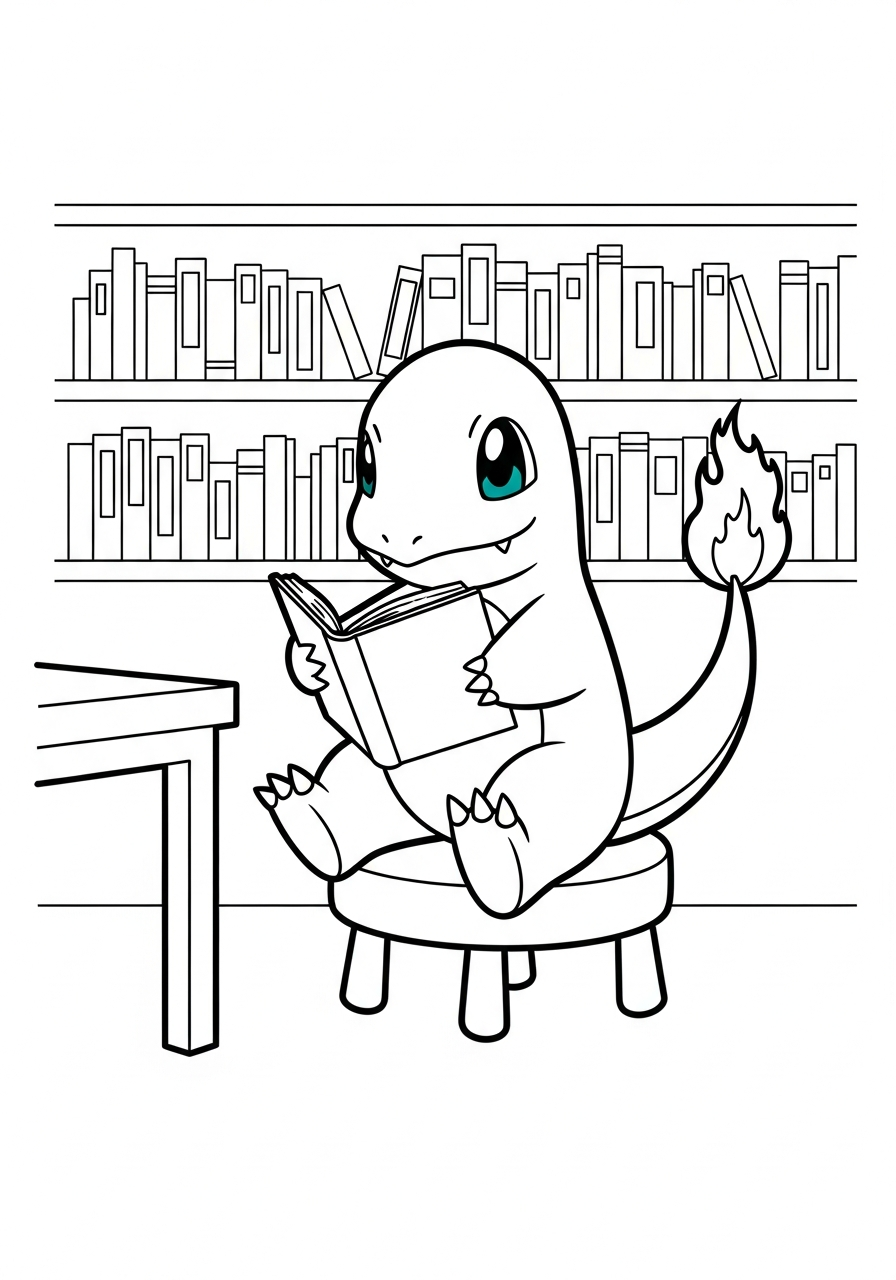Pokemon kleurplaat van Charmander met een boek in een bibliotheek met boekenplanken kleurplaat