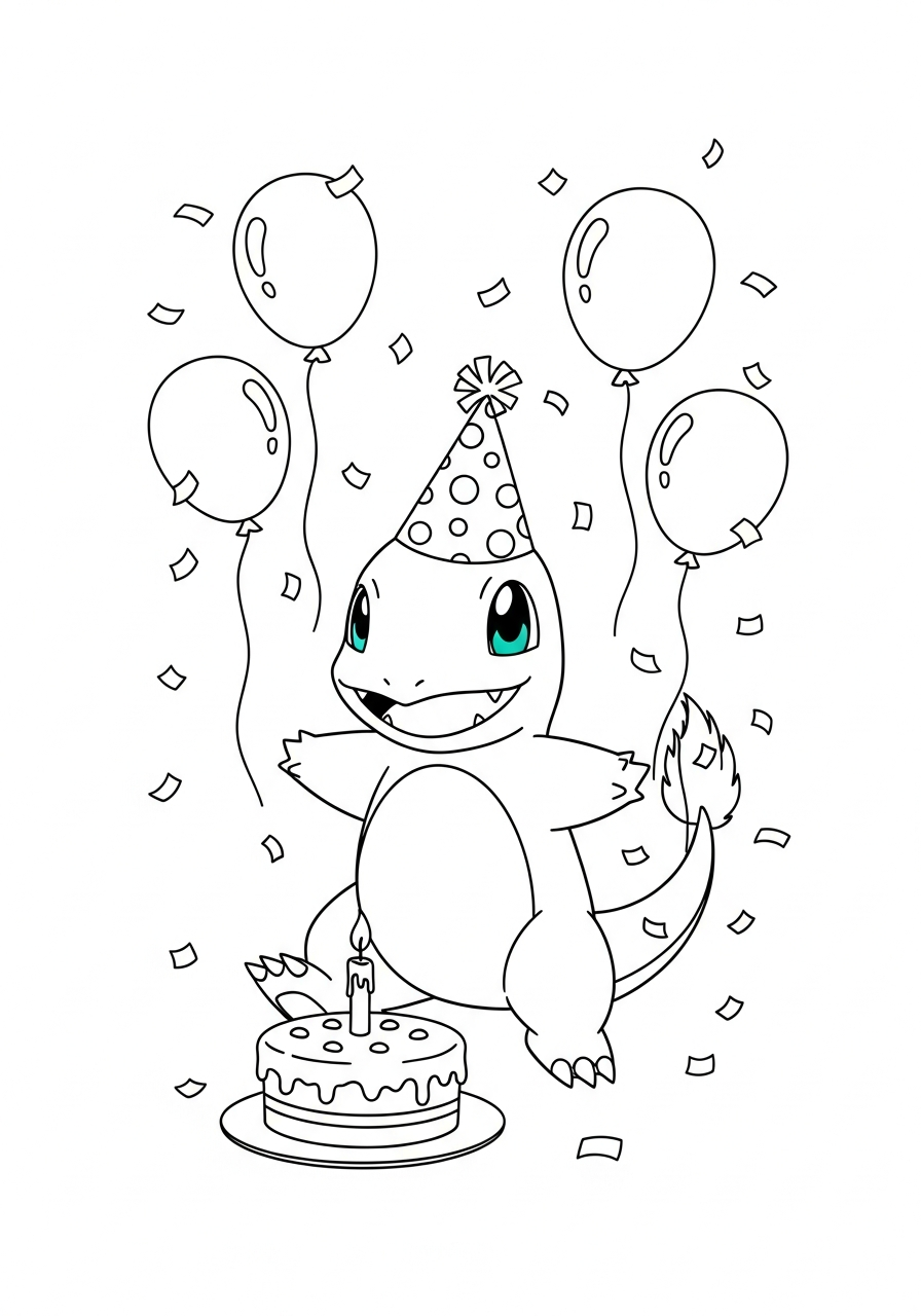 Pokemon kleurplaat van Charmander met verjaardagsmuts naast een taart met kaarsjes