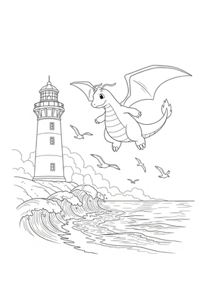 Dragonite bij een vuurtoren kleurplaat