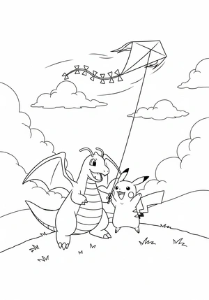 Dragonite en Pikachu vliegen met een vlieger kleurplaat