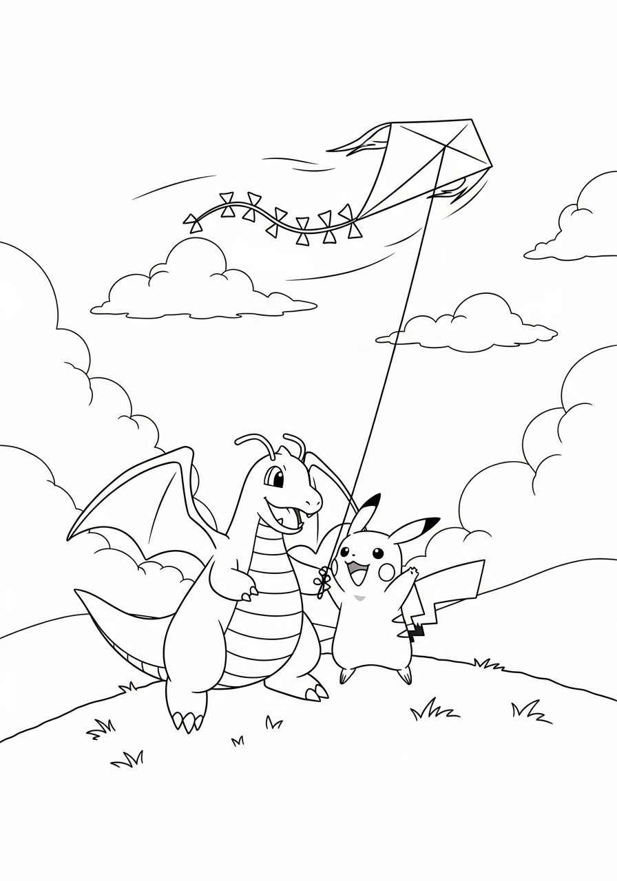 Pokemon kleurplaat van Dragonite en Pikachu met een vlieger in de lucht en wolken