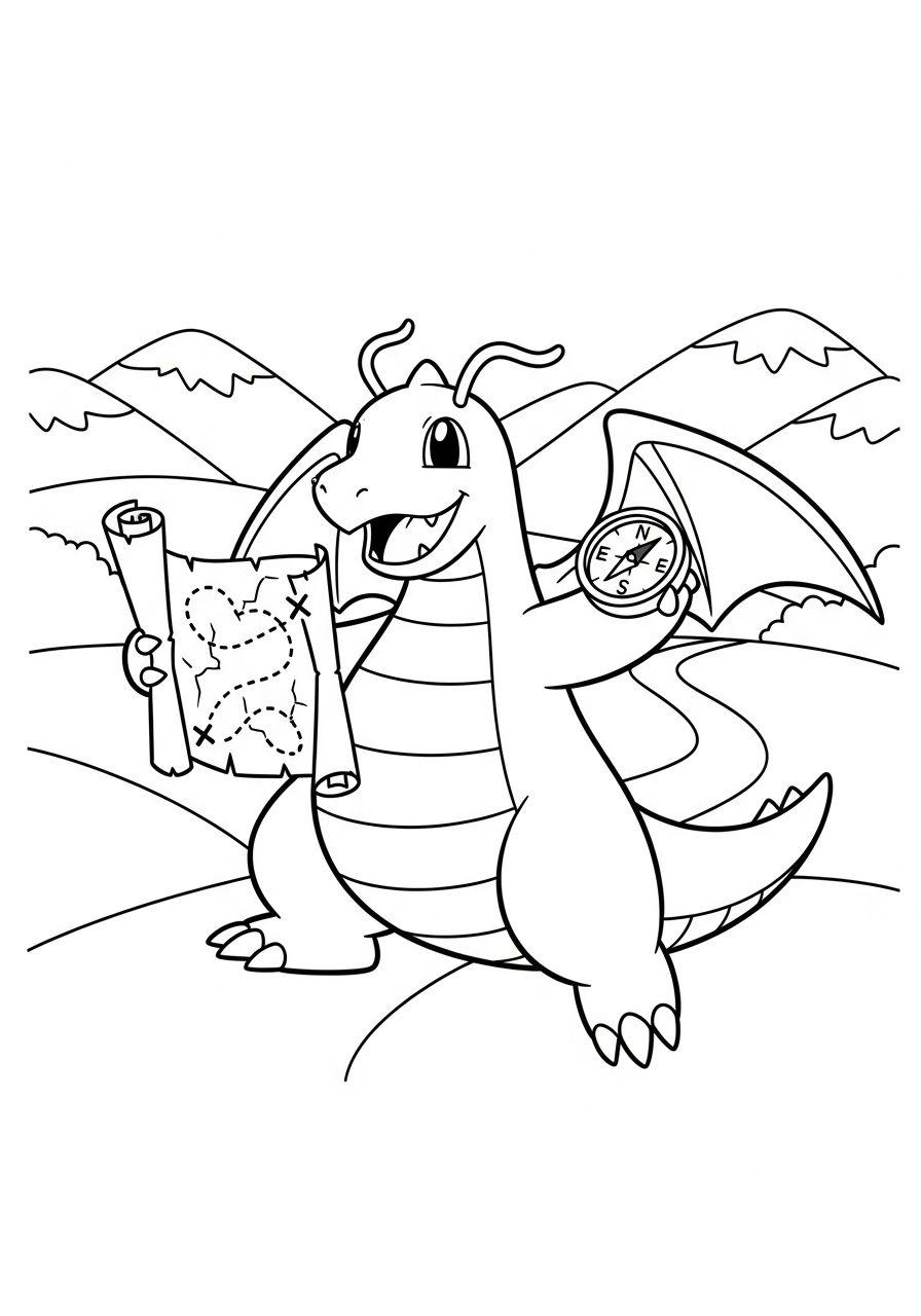 Pokemon kleurplaat van Dragonite met een schatkaart, kompas en heuvels op de achtergrond