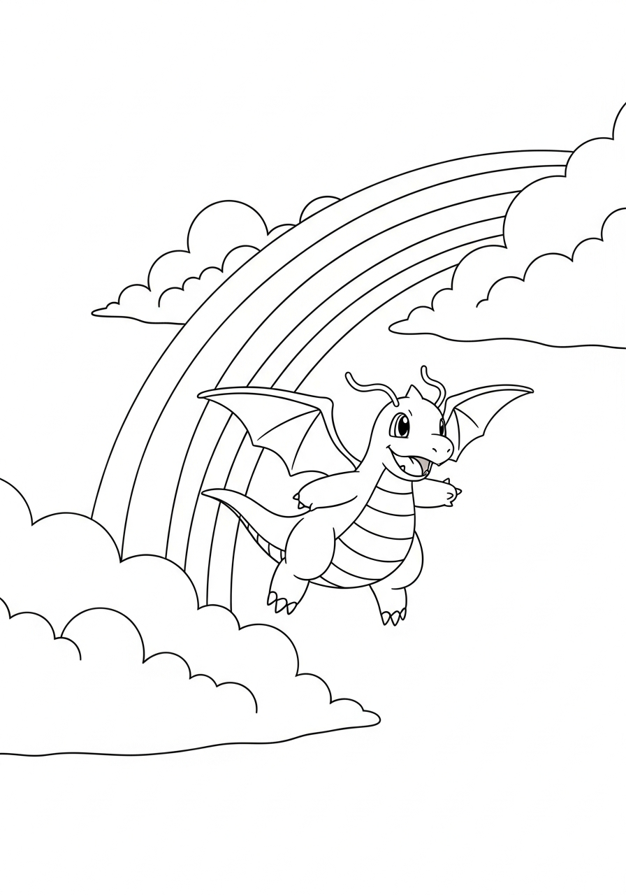 Pokemon kleurplaat van Dragonite die langs een regenboog vliegt met wolken