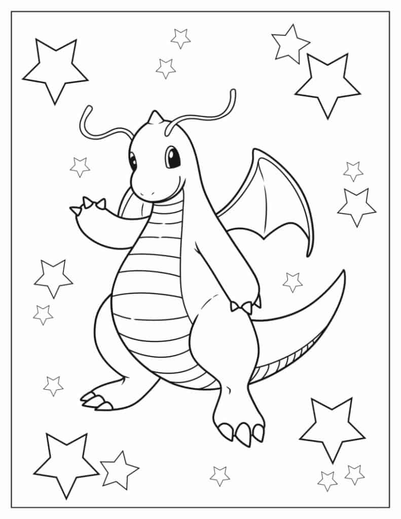 Pokemon kleurplaat van Dragonite tussen de sterren en een vriendelijke uitstraling