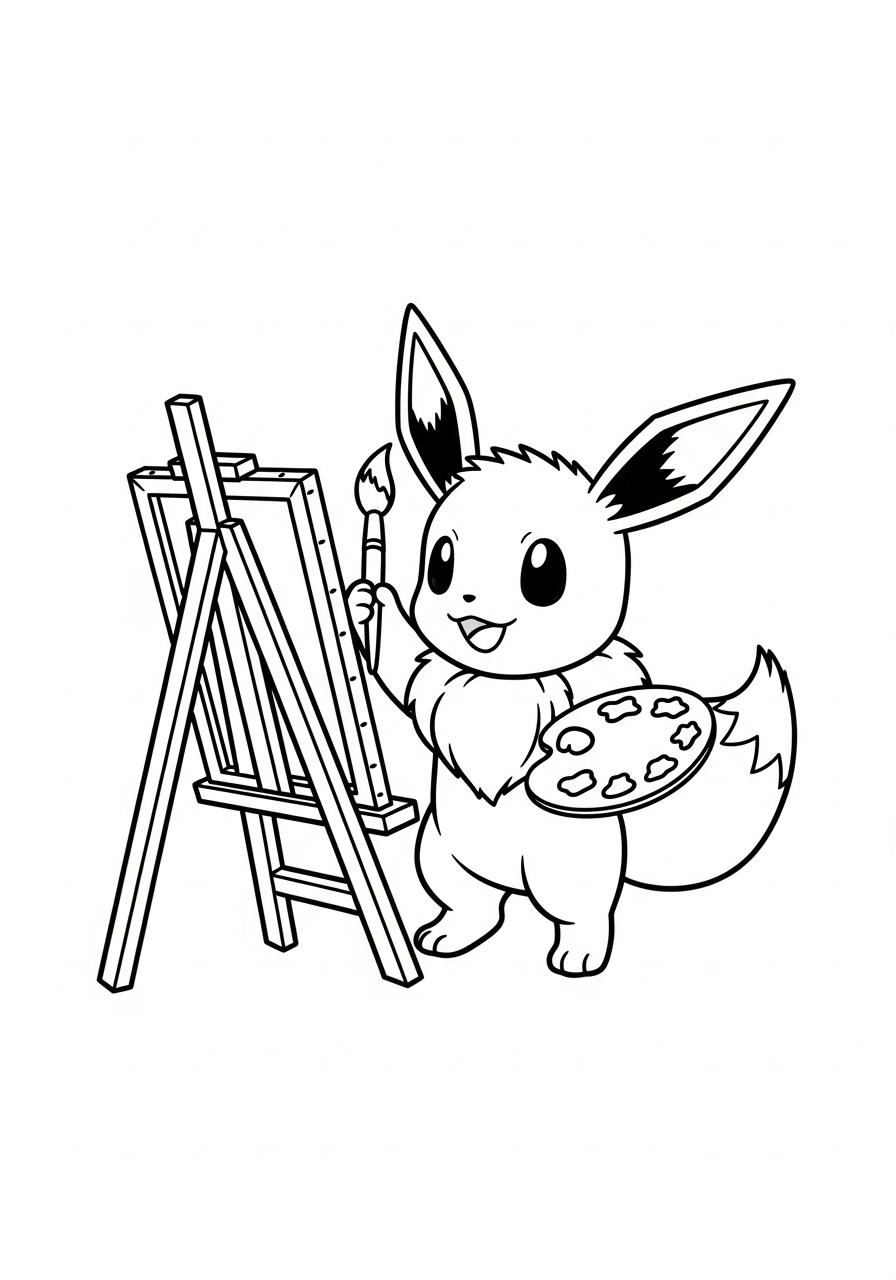 Pokemon kleurplaat van Eevee met een schilderspalet, kwast en ezel met doek