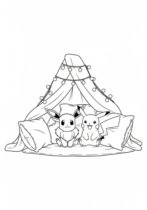 Eevee en Pikachu bouwen een hut van kussens kleurplaat