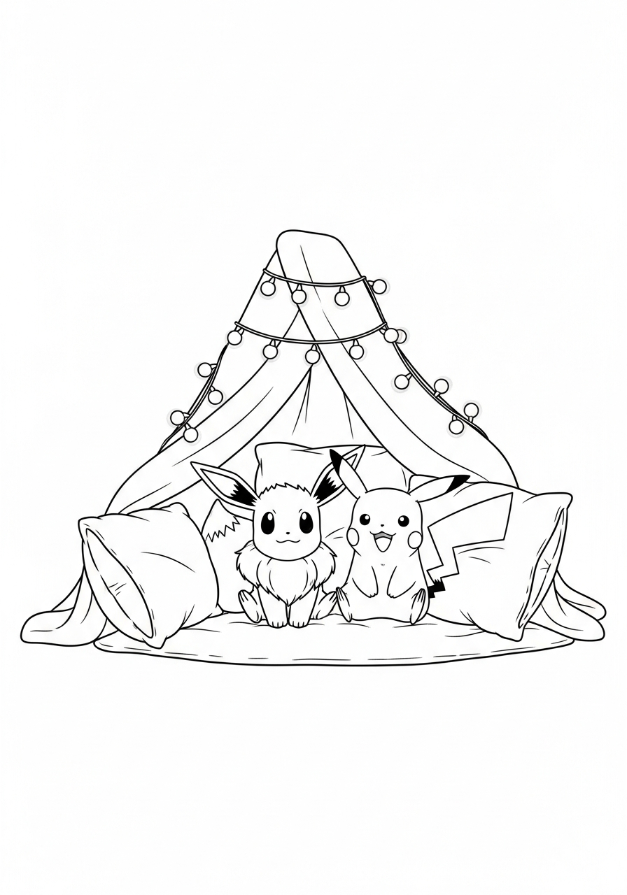 Pokemon kleurplaat van Eevee en Pikachu in een kussenfort met dekens en lampjes