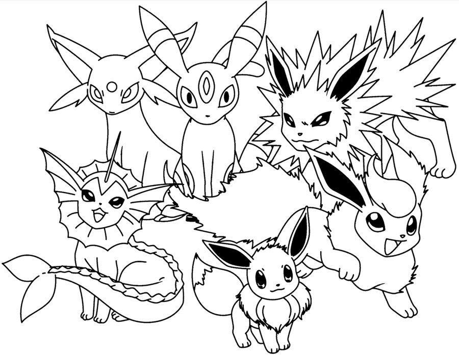 Pokemon kleurplaat van Eevee samen met zijn evoluties in één groep