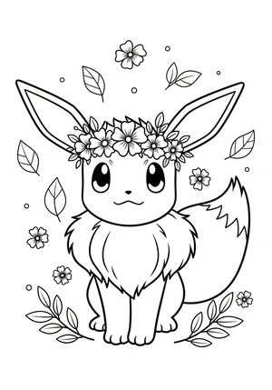 Eevee in een bloemenkrans kleurplaat