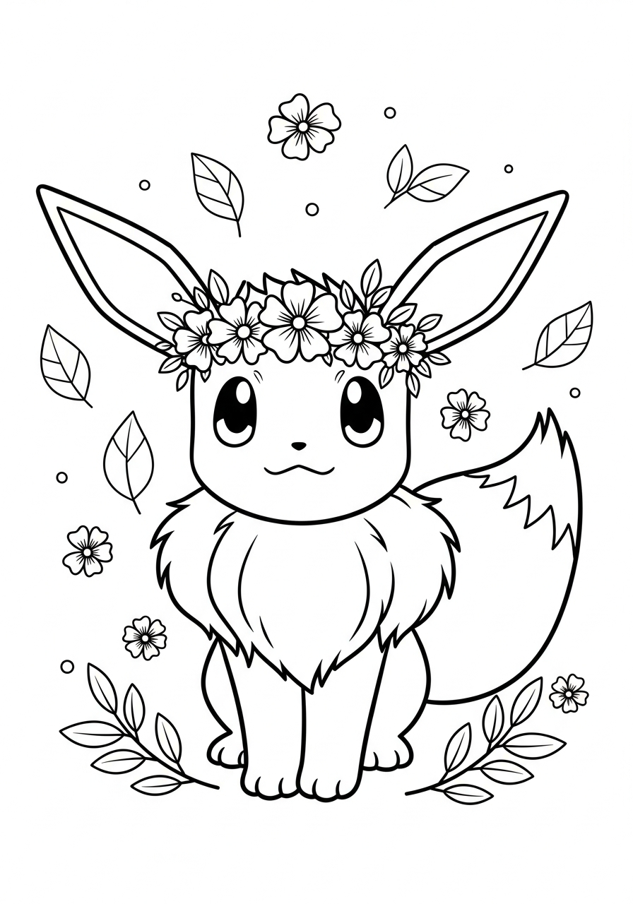 Pokemon kleurplaat van Eevee met een bloemenkrans op het hoofd en blaadjes eromheen kleurplaat