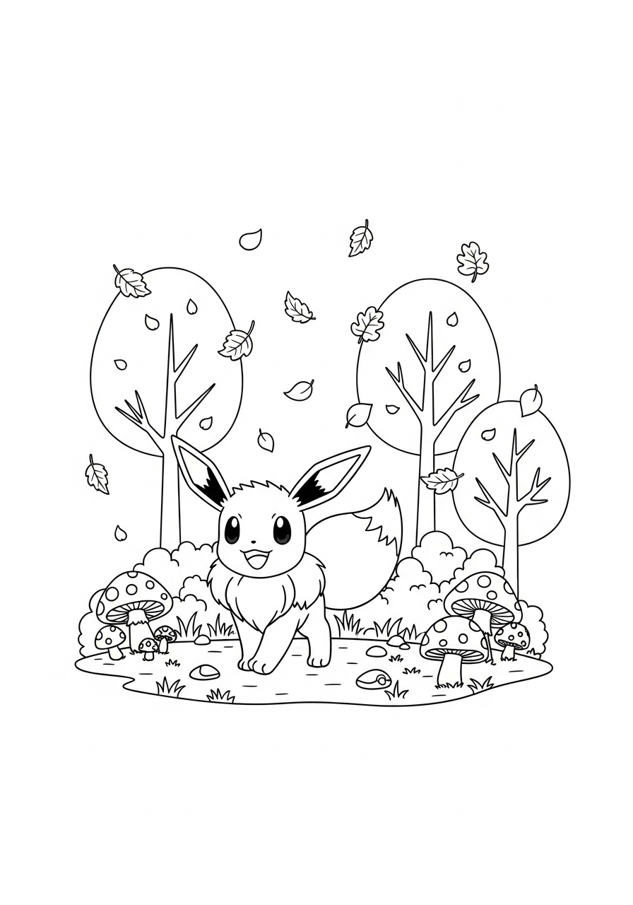 Pokemon kleurplaat van Eevee in een herfstbos met vallende blaadjes en paddenstoelen
