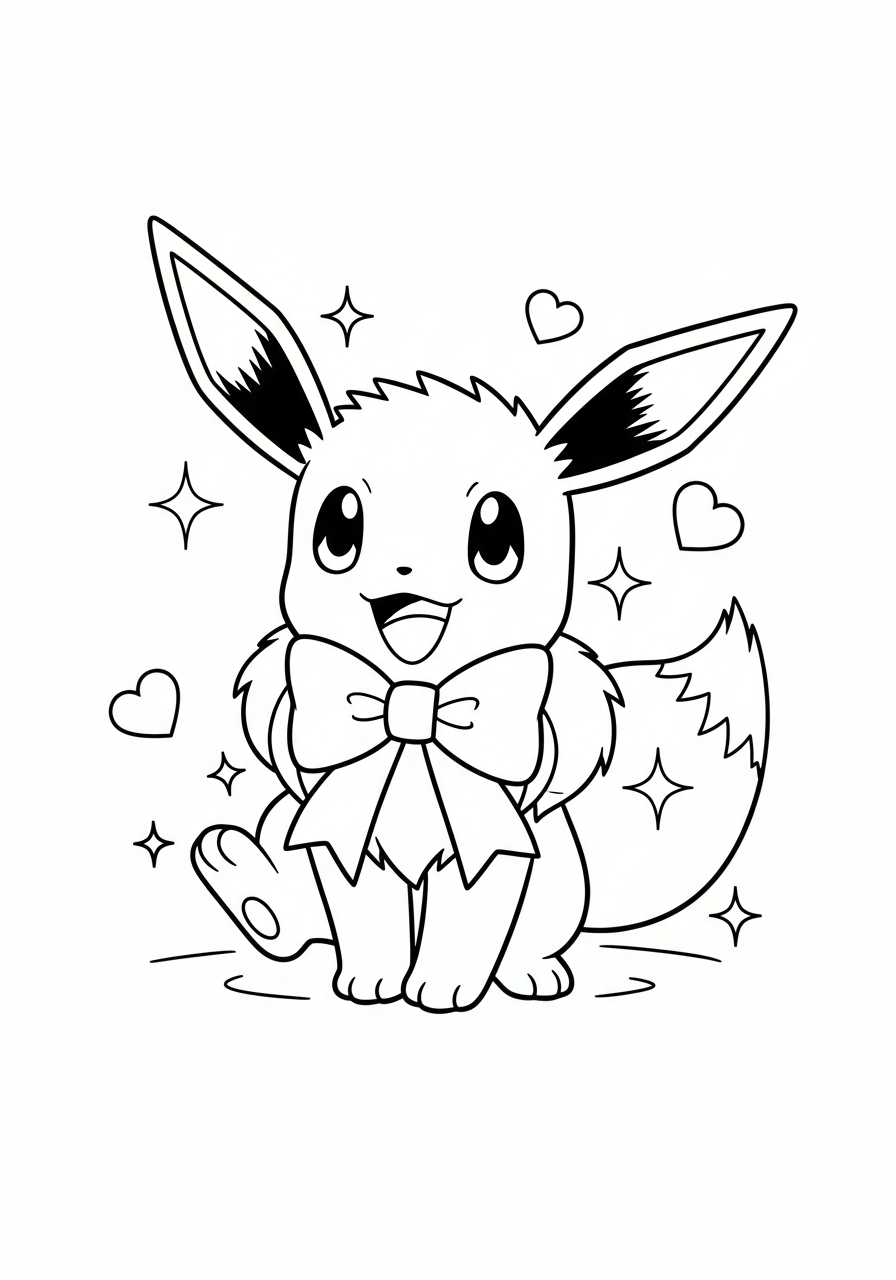 Pokemon kleurplaat van Eevee met een grote strik om de nek en hartjes eromheen