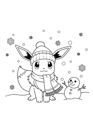 Eevee met wintermuts in de sneeuw kleurplaat