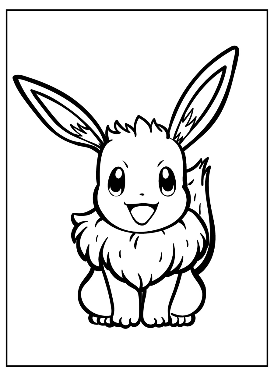 Pokemon kleurplaat van Eevee zittend met grote oren en een lachend gezicht