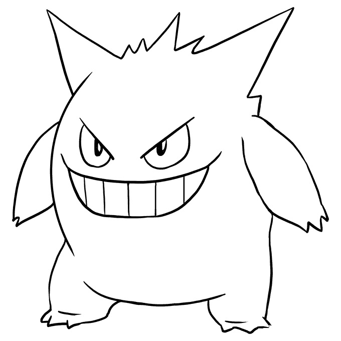 Pokemon kleurplaat van Gengar met een brede grijns en puntige oren in eenvoudige lijnen