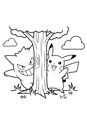 Gengar speelt verstoppertje met Pikachu kleurplaat