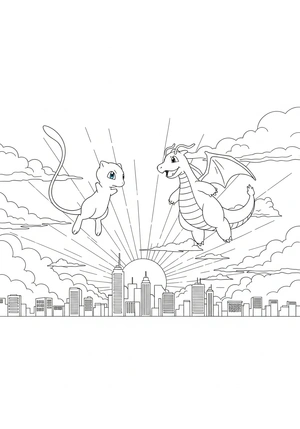 Mew en Dragonite boven een stad bij zonsondergang kleurplaat