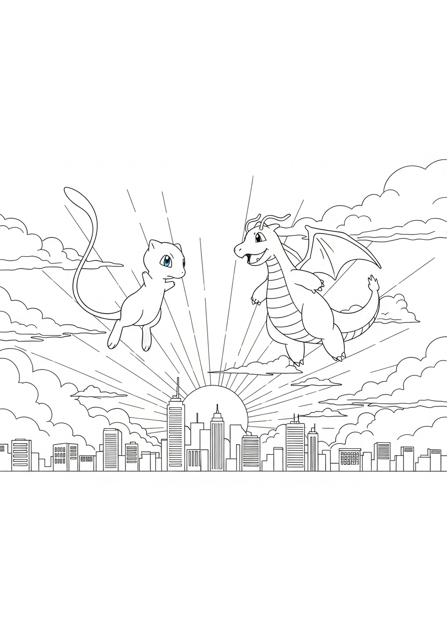 Pokemon kleurplaat van Mew en Dragonite die vliegen boven een stad met zon en wolken kleurplaat