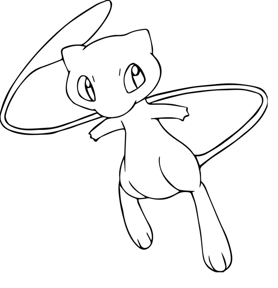 Pokemon kleurplaat van Mew die zweeft met een lange staart en zachte vormen