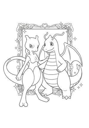 Mewtwo en Dragonite in een vriendschapsfoto kleurplaat
