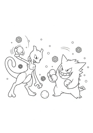 Mewtwo en Gengar maken een sneeuwballengevecht (lief) kleurplaat