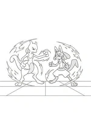 Mewtwo en Lucario trainen samen kleurplaat