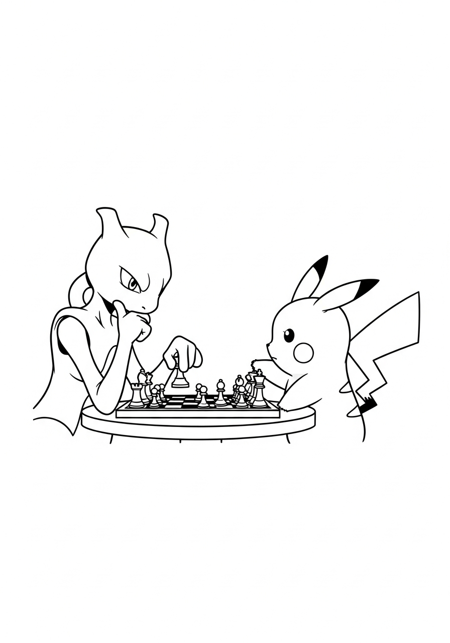 Pokemon kleurplaat van Mewtwo en Pikachu die schaken aan een tafeltje met schaakstukken kleurplaat