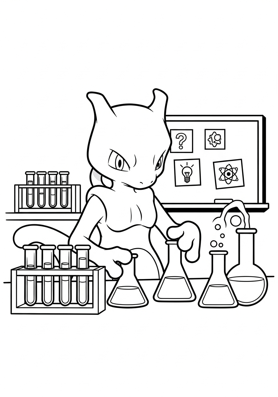 Pokemon kleurplaat van Mewtwo in een vriendelijk laboratorium met reageerbuisjes en een whiteboard kleurplaat