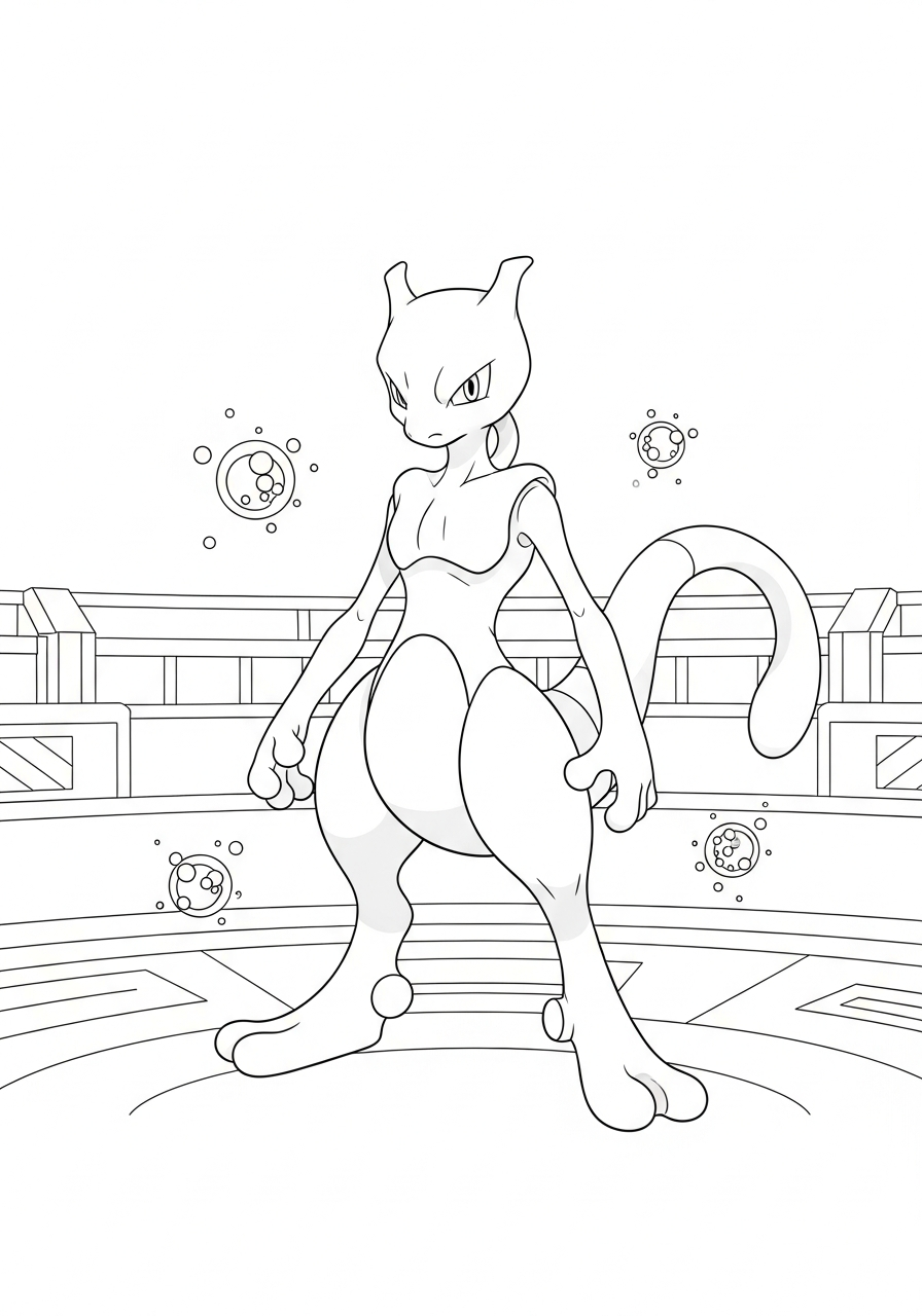 Pokemon kleurplaat van Mewtwo in een trainingsarena met lijnen op de vloer en energiebolletjes