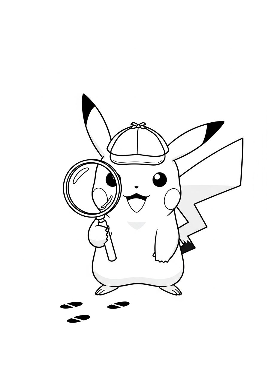 Pokemon kleurplaat van Pikachu met detectivehoed en vergrootglas, met voetstapjes kleurplaat
