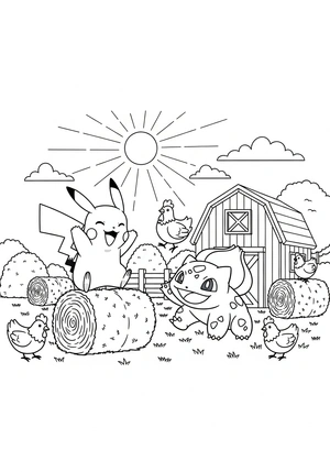 Pikachu en Bulbasaur op de boerderij kleurplaat