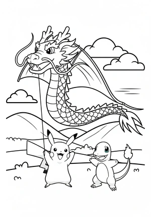 Pikachu en Charmander bij een vliegende draakvlieger kleurplaat