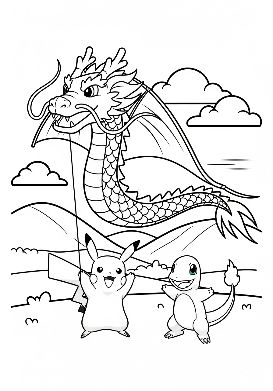 Pokemon kleurplaat van Pikachu en Charmander met een draakvormige vlieger en wolken kleurplaat