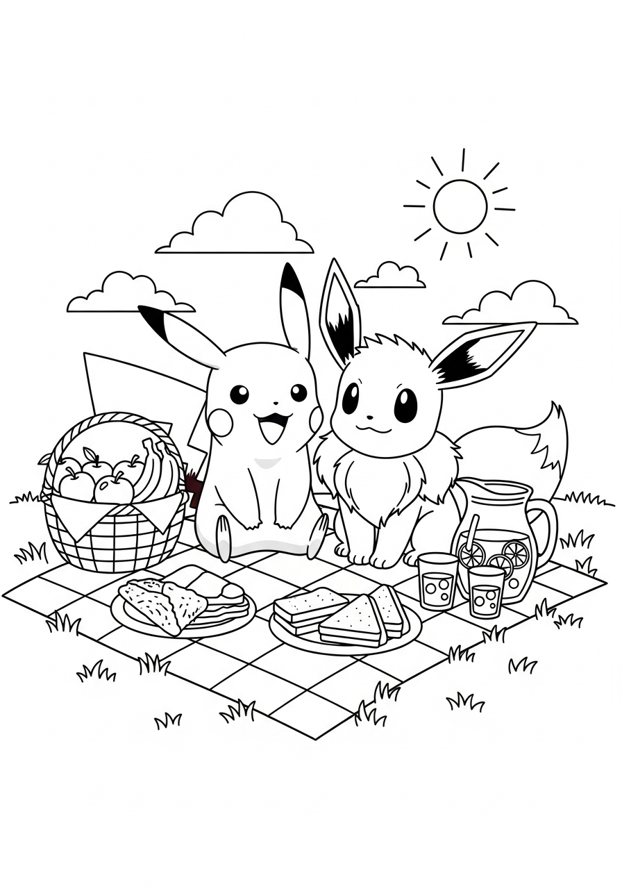 Pokemon kleurplaat van Pikachu en Eevee bij een picknickkleed met fruit en limonade kleurplaat