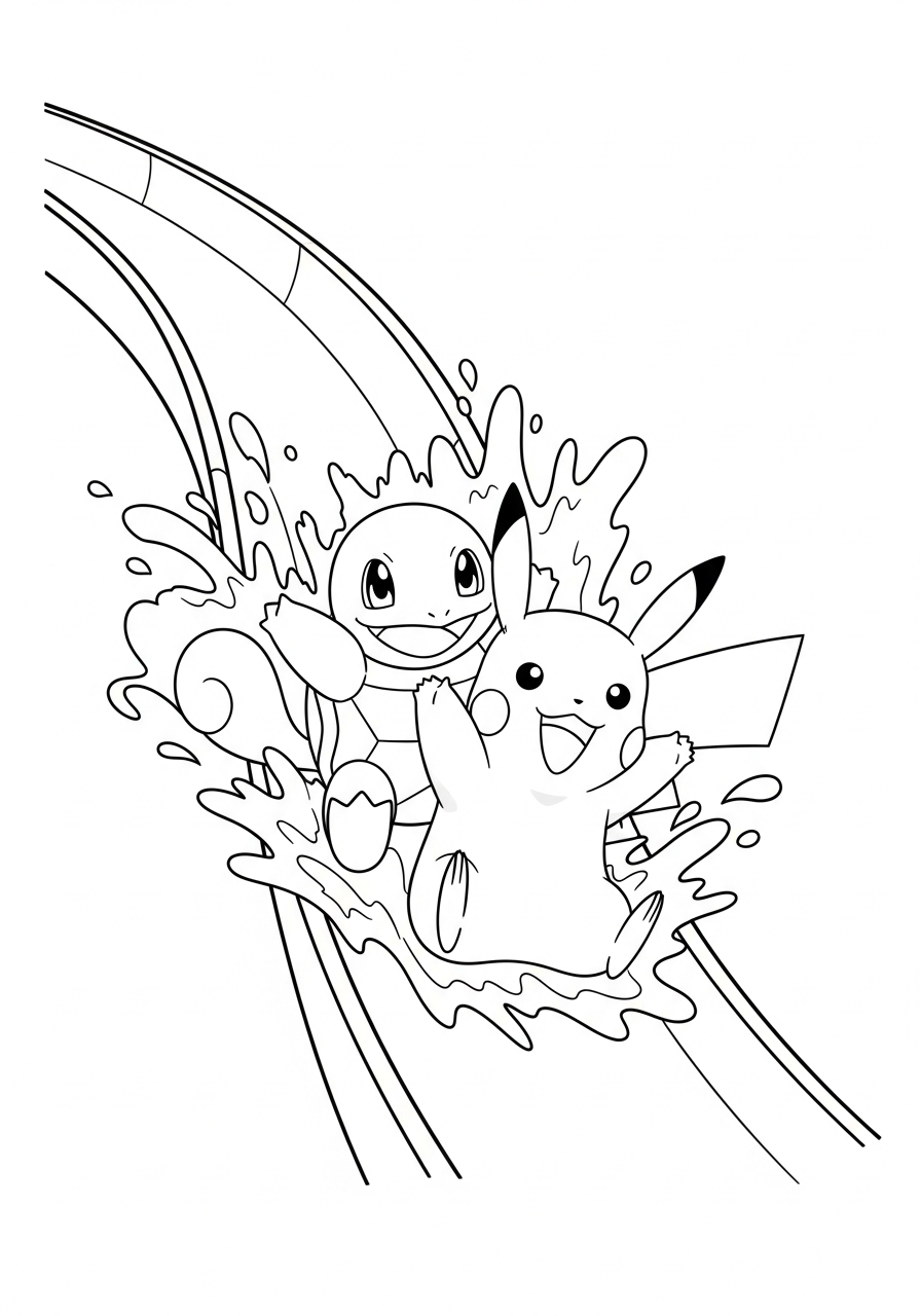 Pokemon kleurplaat van Pikachu en Squirtle op een waterglijbaan met spetters en bochten