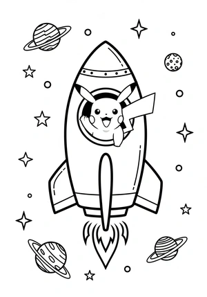 Pikachu in een raket naar de ruimte kleurplaat