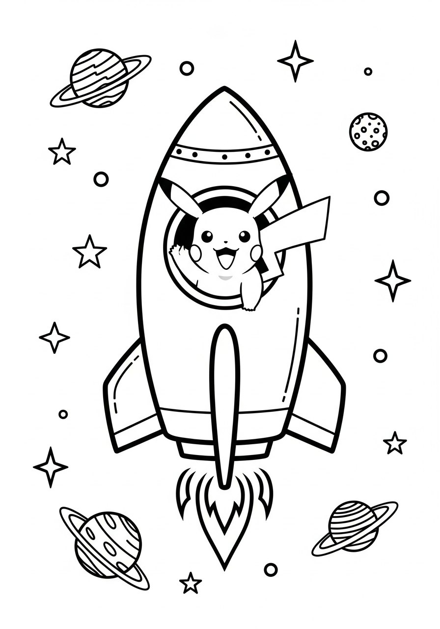 Pokemon kleurplaat van Pikachu in een raket met planeten, sterren en een raam