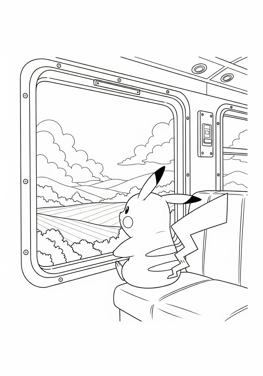 Pokemon kleurplaat van Pikachu bij een treinraam met landschap, wolken en rails kleurplaat